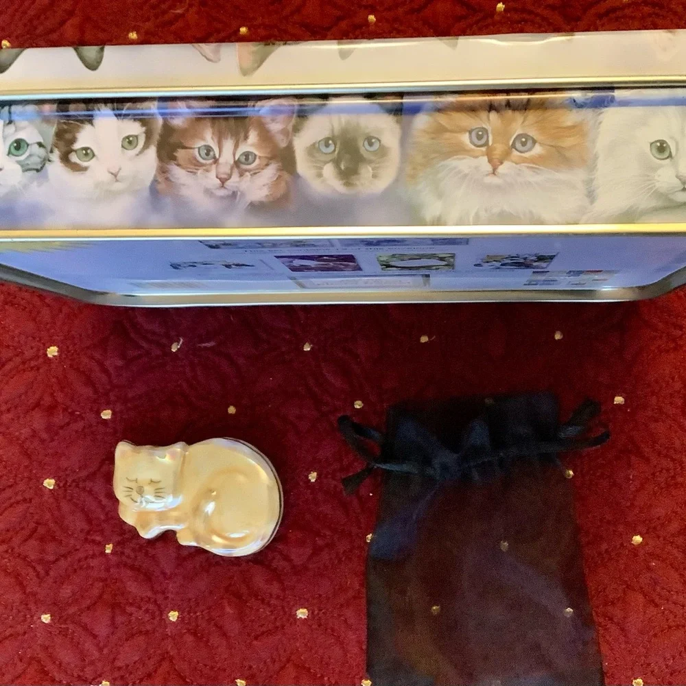 Cat lovers tin, and opal ceramic cat pin with gift bag.